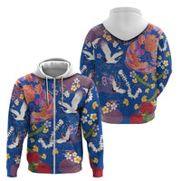 Hawaiian and Japanese Culture Together Zip Hoodie Kakau Tribal Pattern and Irezumi Art Blue Color