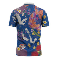 Hawaiian and Japanese Culture Together Zipper Polo Shirt Kakau Tribal Pattern and Irezumi Art Blue Color