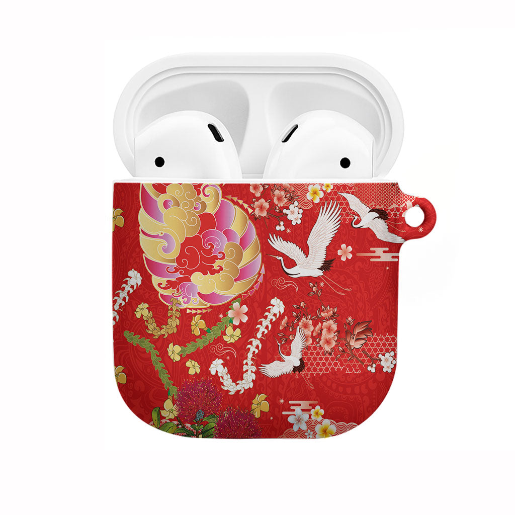 Hawaiian and Japanese Culture Together AirPods Case Kakau Tribal Pattern and Irezumi Art Red Color