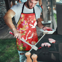 Hawaiian and Japanese Culture Together Apron Kakau Tribal Pattern and Irezumi Art Red Color