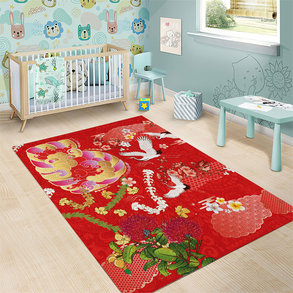 Hawaiian and Japanese Culture Together Area Rug Kakau Tribal Pattern and Irezumi Art Red Color