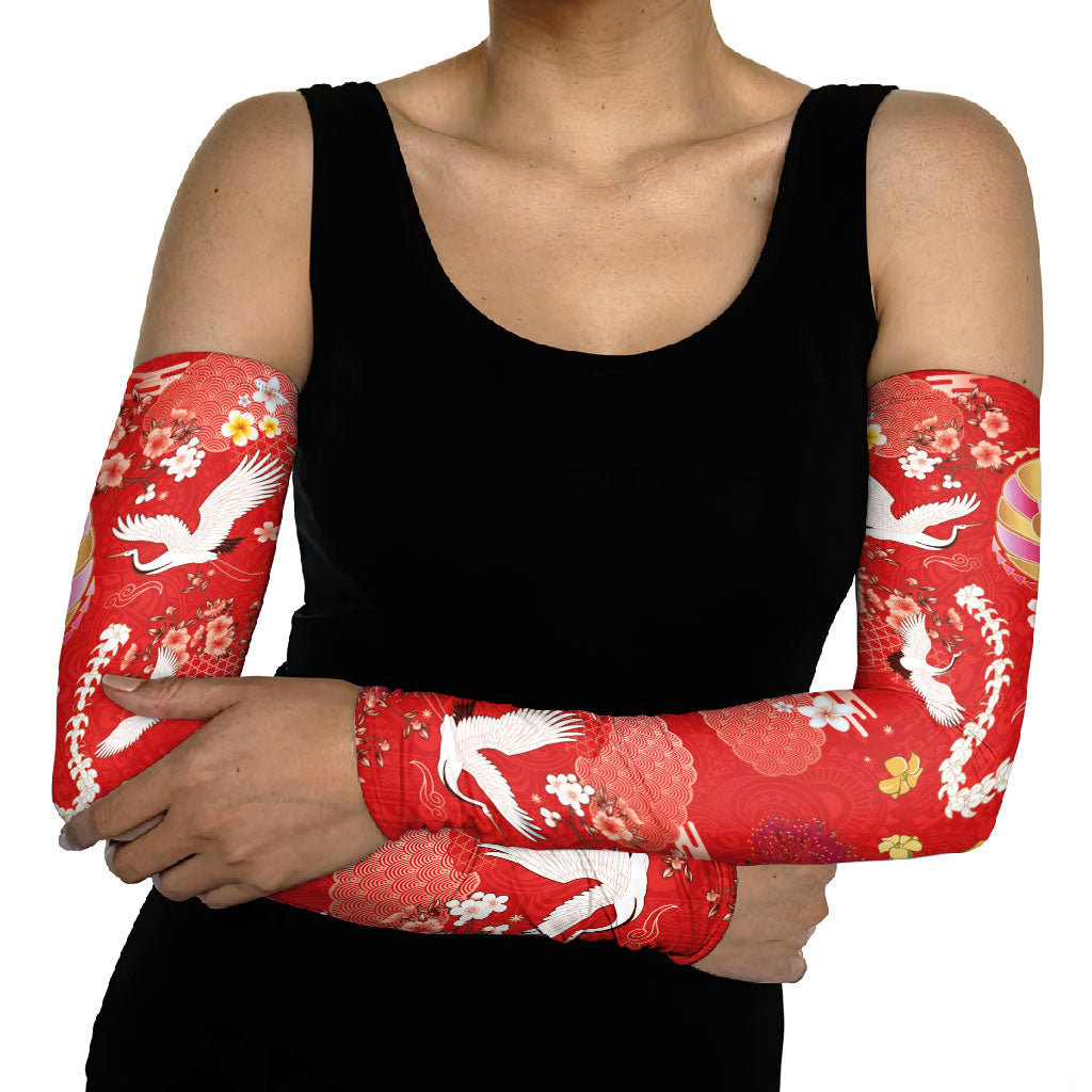 Hawaiian and Japanese Culture Together Arm Sleeves Kakau Tribal Pattern and Irezumi Art Red Color