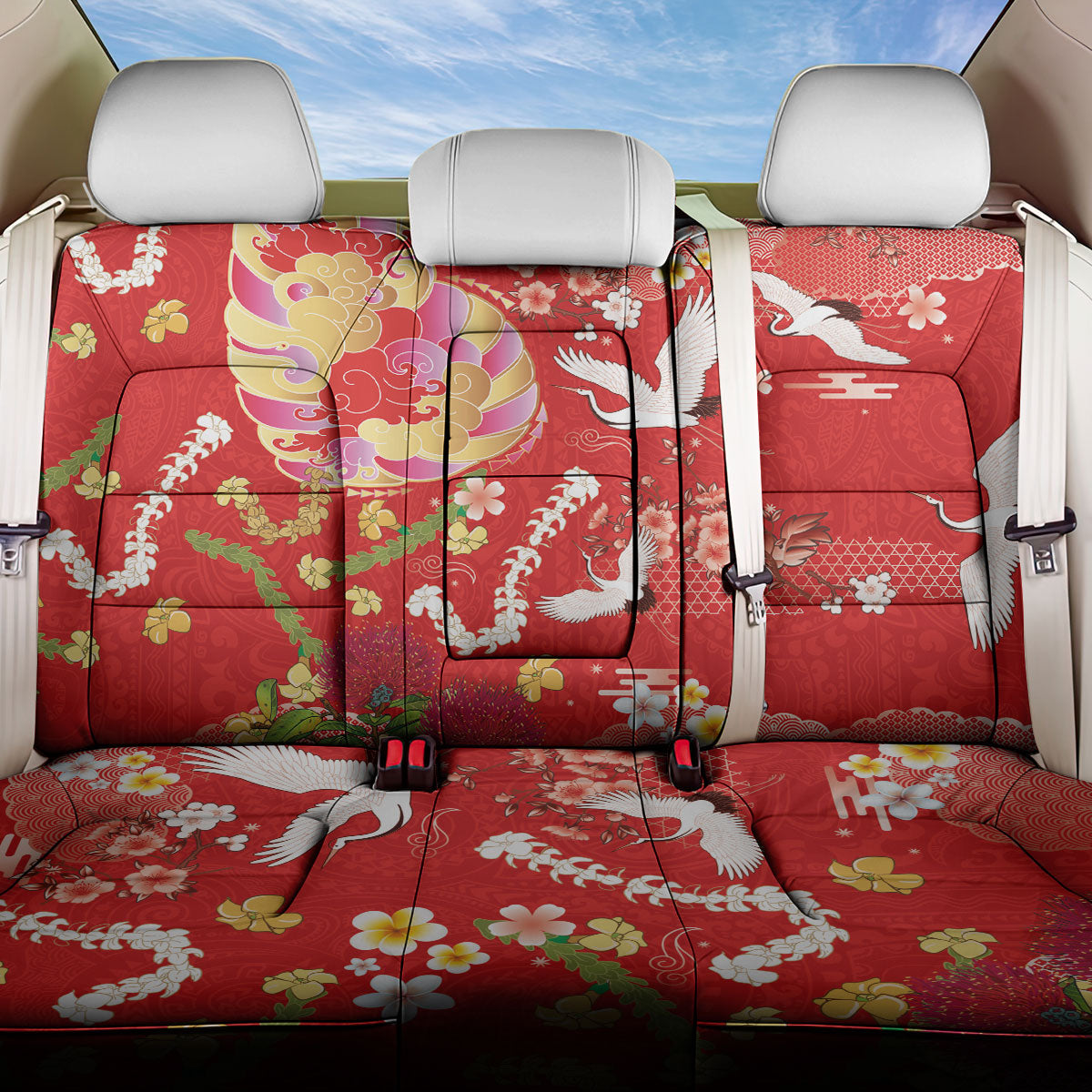 Hawaiian and Japanese Culture Together Back Car Seat Cover Kakau Tribal Pattern and Irezumi Art Red Color