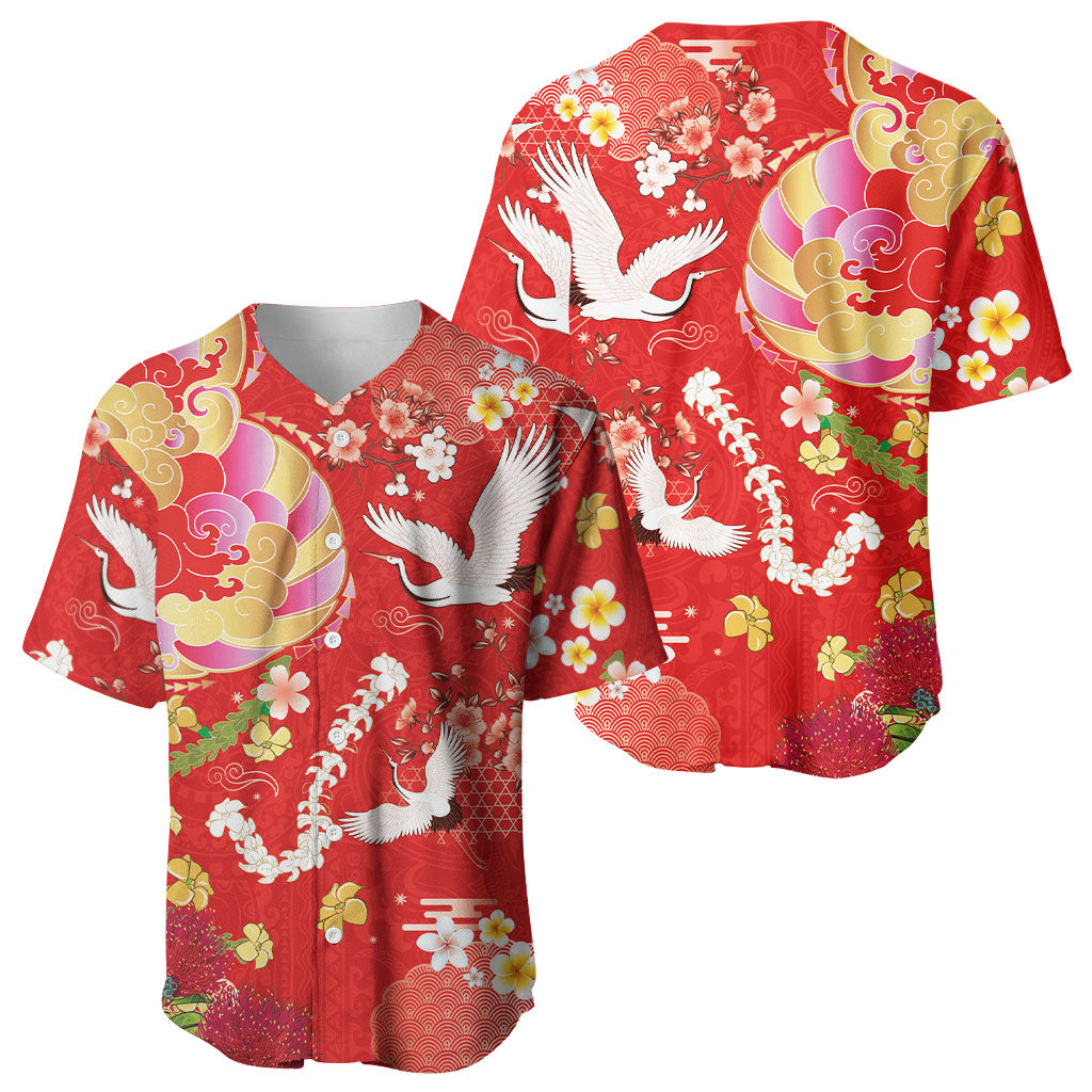 Hawaiian and Japanese Culture Together Baseball Jersey Kakau Tribal Pattern and Irezumi Art Red Color