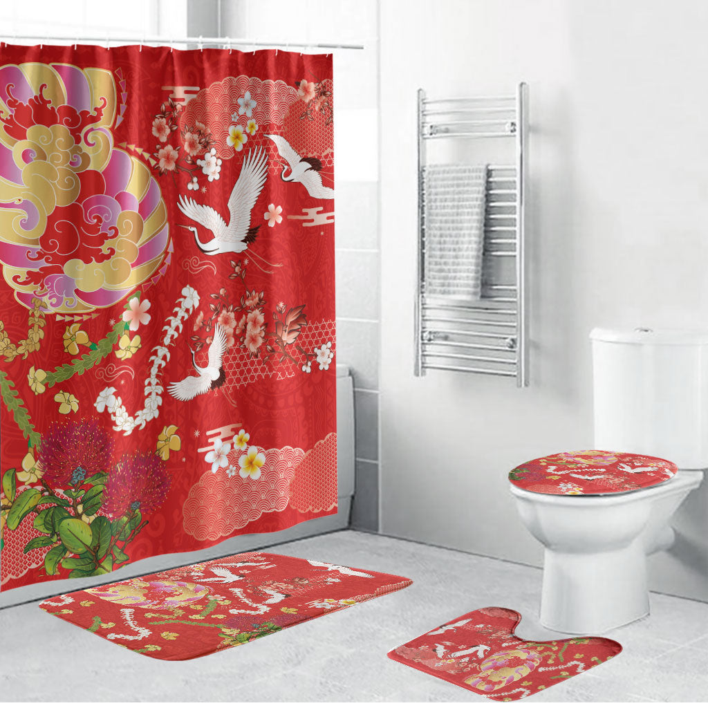 Hawaiian and Japanese Culture Together Bathroom Set Kakau Tribal Pattern and Irezumi Art Red Color