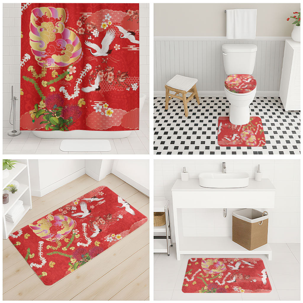 Hawaiian and Japanese Culture Together Bathroom Set Kakau Tribal Pattern and Irezumi Art Red Color