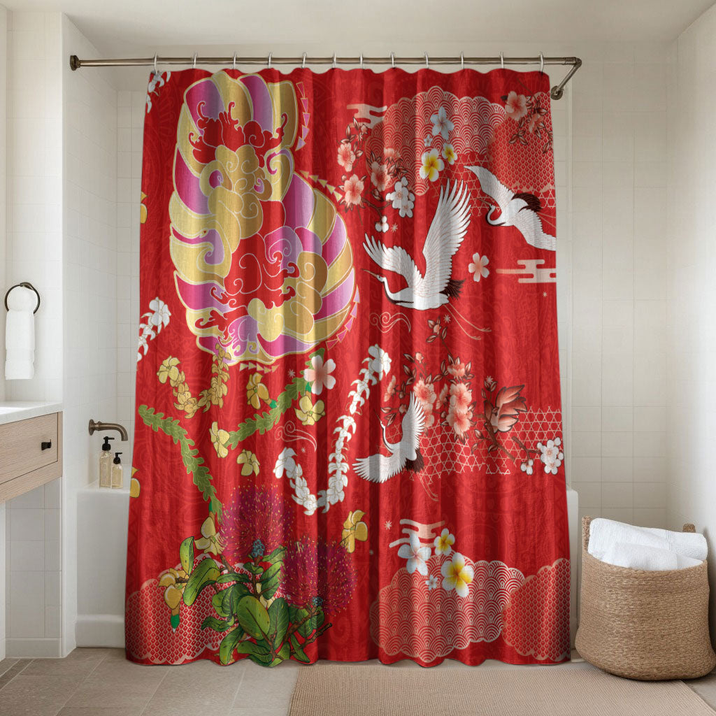Hawaiian and Japanese Culture Together Bathroom Set Kakau Tribal Pattern and Irezumi Art Red Color