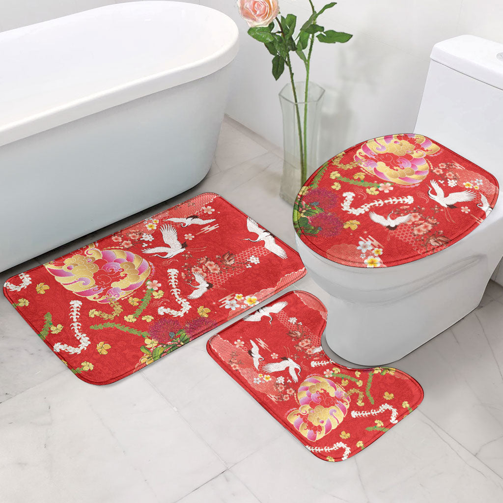 Hawaiian and Japanese Culture Together Bathroom Set Kakau Tribal Pattern and Irezumi Art Red Color