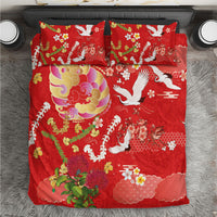 Hawaiian and Japanese Culture Together Bedding Set Kakau Tribal Pattern and Irezumi Art Red Color