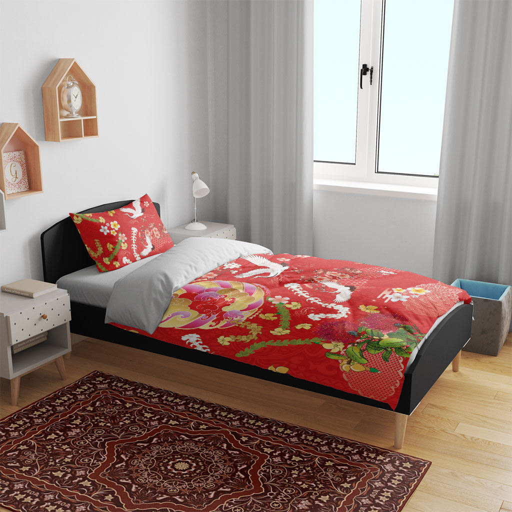 Hawaiian and Japanese Culture Together Bedding Set Kakau Tribal Pattern and Irezumi Art Red Color