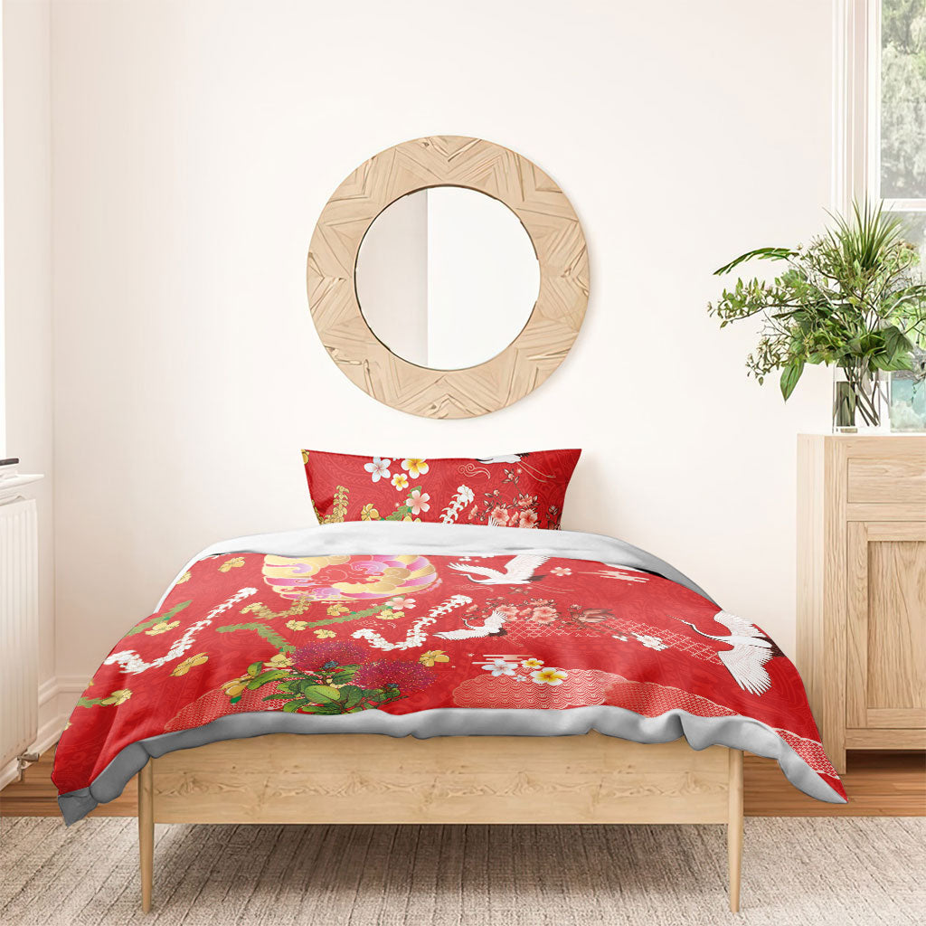 Hawaiian and Japanese Culture Together Bedding Set Kakau Tribal Pattern and Irezumi Art Red Color