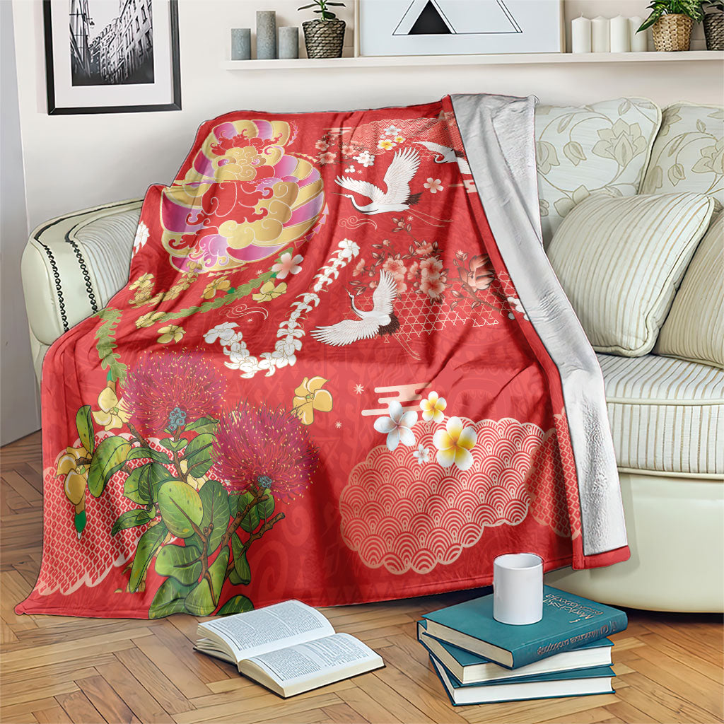 Hawaiian and Japanese Culture Together Blanket Kakau Tribal Pattern and Irezumi Art Red Color