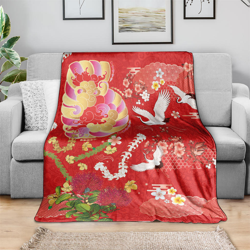 Hawaiian and Japanese Culture Together Blanket Kakau Tribal Pattern and Irezumi Art Red Color