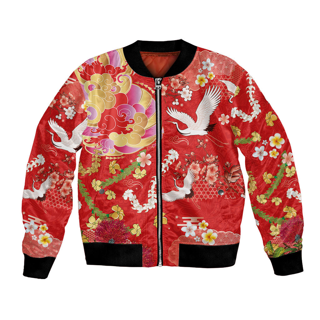 Hawaiian and Japanese Culture Together Bomber Jacket Kakau Tribal Pattern and Irezumi Art Red Color LT03 Unisex Red - Polynesian Pride