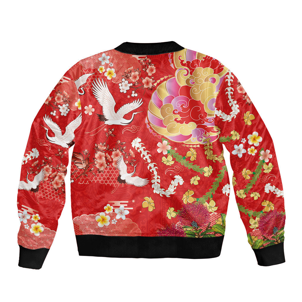 Hawaiian and Japanese Culture Together Bomber Jacket Kakau Tribal Pattern and Irezumi Art Red Color