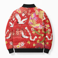 Hawaiian and Japanese Culture Together Bomber Puffer Jacket Kakau Tribal Pattern and Irezumi Art Red Color