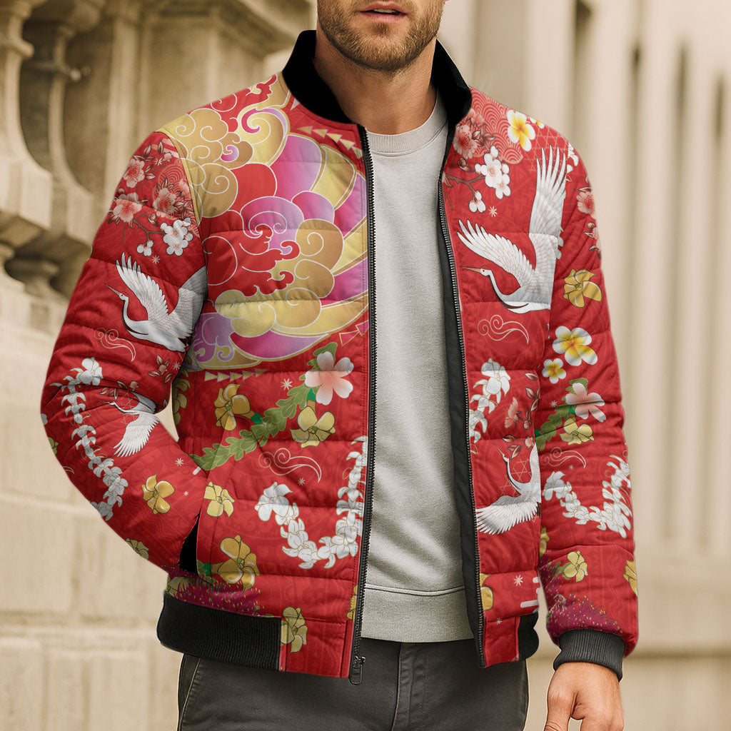 Hawaiian and Japanese Culture Together Bomber Puffer Jacket Kakau Tribal Pattern and Irezumi Art Red Color