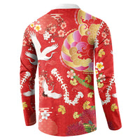 Hawaiian and Japanese Culture Together Button Sweatshirt Kakau Tribal Pattern and Irezumi Art Red Color