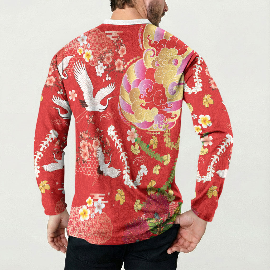 Hawaiian and Japanese Culture Together Button Sweatshirt Kakau Tribal Pattern and Irezumi Art Red Color