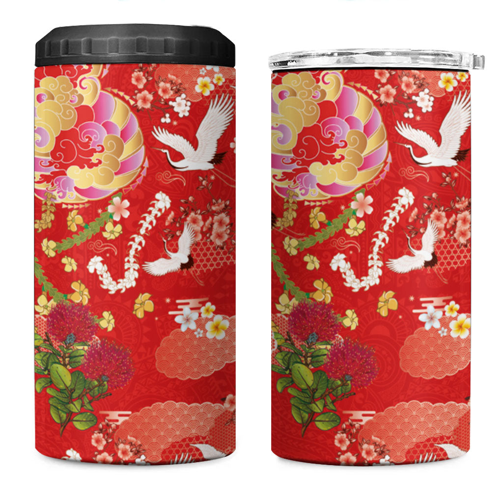 Hawaiian and Japanese Culture Together 4 in 1 Can Cooler Tumbler Kakau Tribal Pattern and Irezumi Art Red Color
