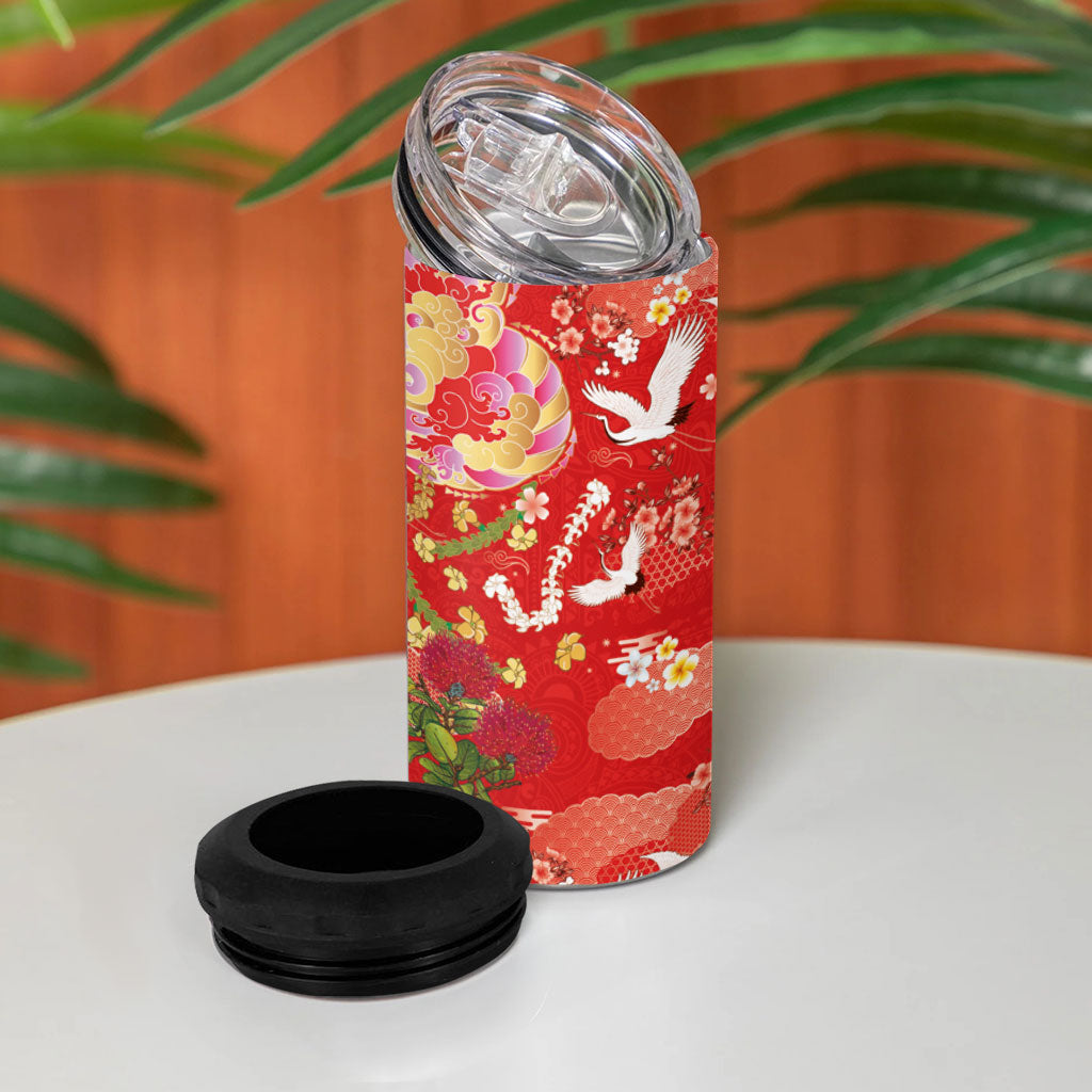 Hawaiian and Japanese Culture Together 4 in 1 Can Cooler Tumbler Kakau Tribal Pattern and Irezumi Art Red Color
