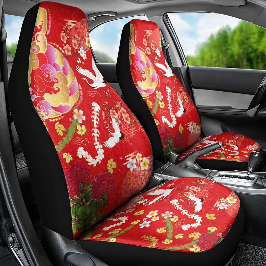 Hawaiian and Japanese Culture Together Car Seat Cover Kakau Tribal Pattern and Irezumi Art Red Color