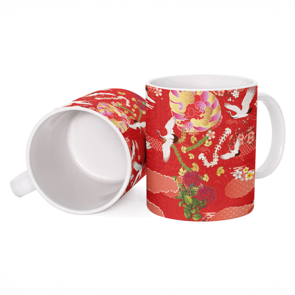 Hawaiian and Japanese Culture Together Ceramic Mug Kakau Tribal Pattern and Irezumi Art Red Color