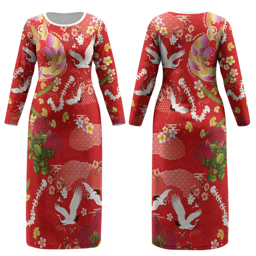 Hawaiian and Japanese Culture Together Couples Matching Long Sleeve Bodycon Dress and Hawaiian Shirt Kakau Tribal Pattern and Irezumi Art Red Color