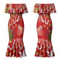 Hawaiian and Japanese Culture Together Couples Matching Mermaid Dress and Hawaiian Shirt Kakau Tribal Pattern and Irezumi Art Red Color