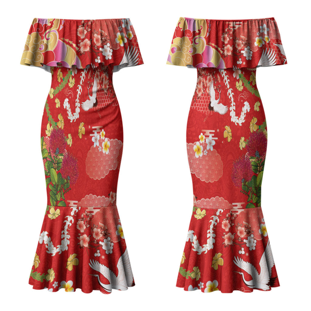 Hawaiian and Japanese Culture Together Couples Matching Mermaid Dress and Long Sleeve Button Shirt Kakau Tribal Pattern and Irezumi Art Red Color
