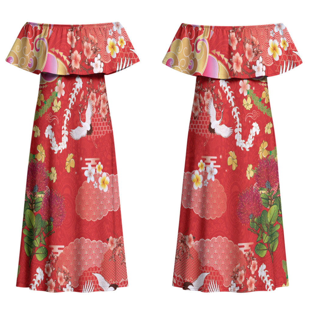 Hawaiian and Japanese Culture Together Couples Matching Off Shoulder Maxi Dress and Hawaiian Shirt Kakau Tribal Pattern and Irezumi Art Red Color