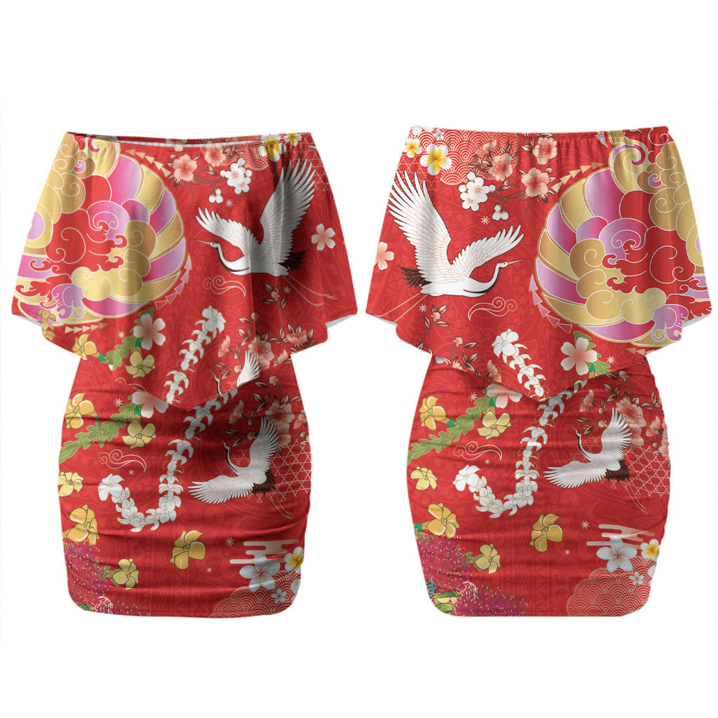 Hawaiian and Japanese Culture Together Couples Matching Off Shoulder Short Dress and Long Sleeve Button Shirt Kakau Tribal Pattern and Irezumi Art Red Color
