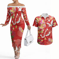 Hawaiian and Japanese Culture Together Couples Matching Off The Shoulder Long Sleeve Dress and Hawaiian Shirt Kakau Tribal Pattern and Irezumi Art Red Color