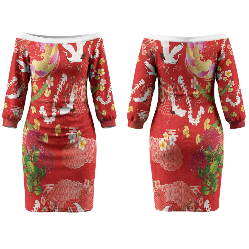 Hawaiian and Japanese Culture Together Couples Matching Off The Shoulder Long Sleeve Dress and Hawaiian Shirt Kakau Tribal Pattern and Irezumi Art Red Color