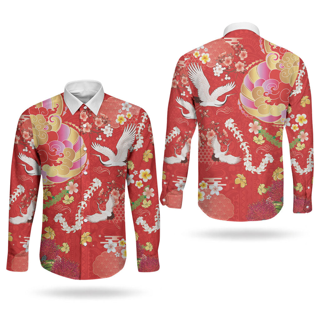 Hawaiian and Japanese Culture Together Couples Matching Off The Shoulder Long Sleeve Dress and Long Sleeve Button Shirt Kakau Tribal Pattern and Irezumi Art Red Color