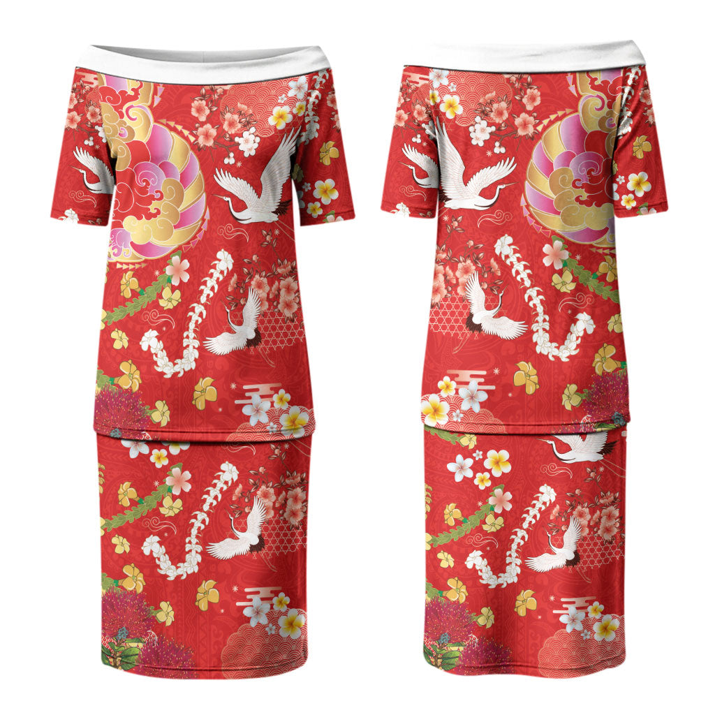 Hawaiian and Japanese Culture Together Couples Matching Puletasi and Long Sleeve Button Shirt Kakau Tribal Pattern and Irezumi Art Red Color