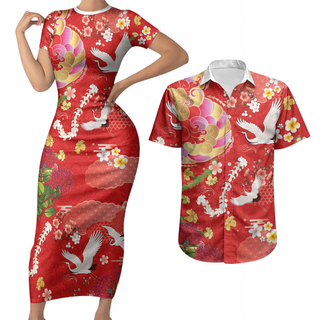Hawaiian and Japanese Culture Together Couples Matching Short Sleeve Bodycon Dress and Hawaiian Shirt Kakau Tribal Pattern and Irezumi Art Red Color