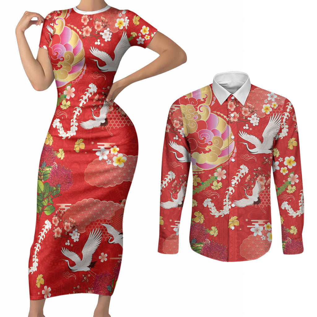 Hawaiian and Japanese Culture Together Couples Matching Short Sleeve Bodycon Dress and Long Sleeve Button Shirt Kakau Tribal Pattern and Irezumi Art Red Color