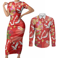Hawaiian and Japanese Culture Together Couples Matching Short Sleeve Bodycon Dress and Long Sleeve Button Shirt Kakau Tribal Pattern and Irezumi Art Red Color