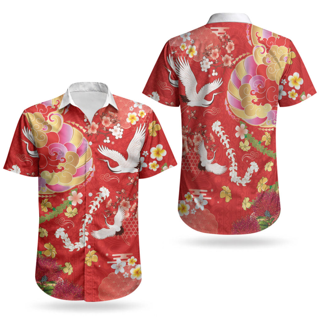 Hawaiian and Japanese Culture Together Couples Matching Tank Maxi Dress and Hawaiian Shirt Kakau Tribal Pattern and Irezumi Art Red Color