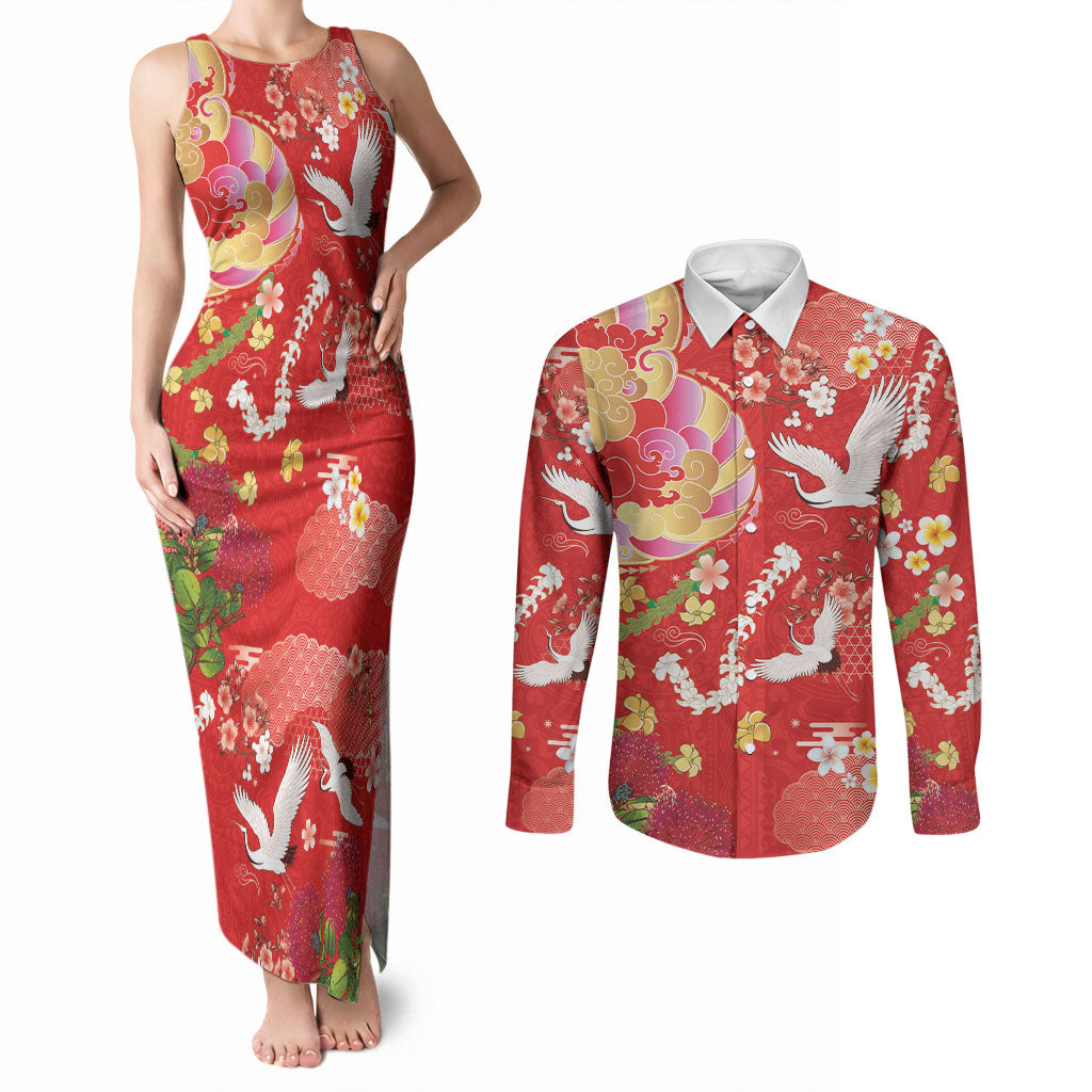 Hawaiian and Japanese Culture Together Couples Matching Tank Maxi Dress and Long Sleeve Button Shirt Kakau Tribal Pattern and Irezumi Art Red Color
