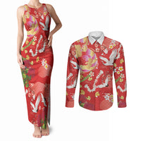 Hawaiian and Japanese Culture Together Couples Matching Tank Maxi Dress and Long Sleeve Button Shirt Kakau Tribal Pattern and Irezumi Art Red Color