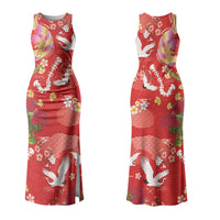 Hawaiian and Japanese Culture Together Couples Matching Tank Maxi Dress and Long Sleeve Button Shirt Kakau Tribal Pattern and Irezumi Art Red Color