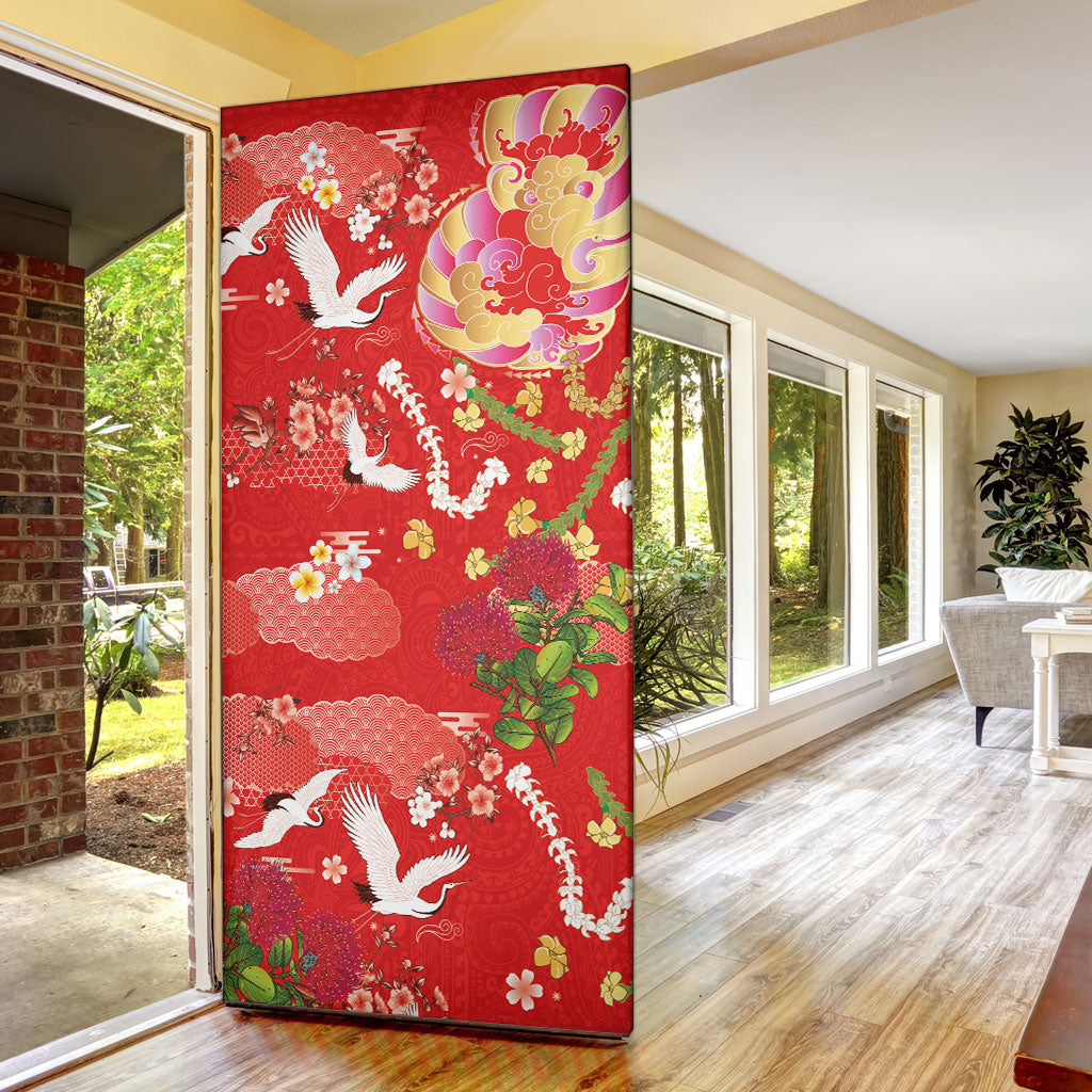 Hawaiian and Japanese Culture Together Door Cover Kakau Tribal Pattern and Irezumi Art Red Color