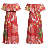 Hawaiian and Japanese Culture Together Family Matching Off Shoulder Maxi Dress and Hawaiian Shirt Kakau Tribal Pattern and Irezumi Art Red Color