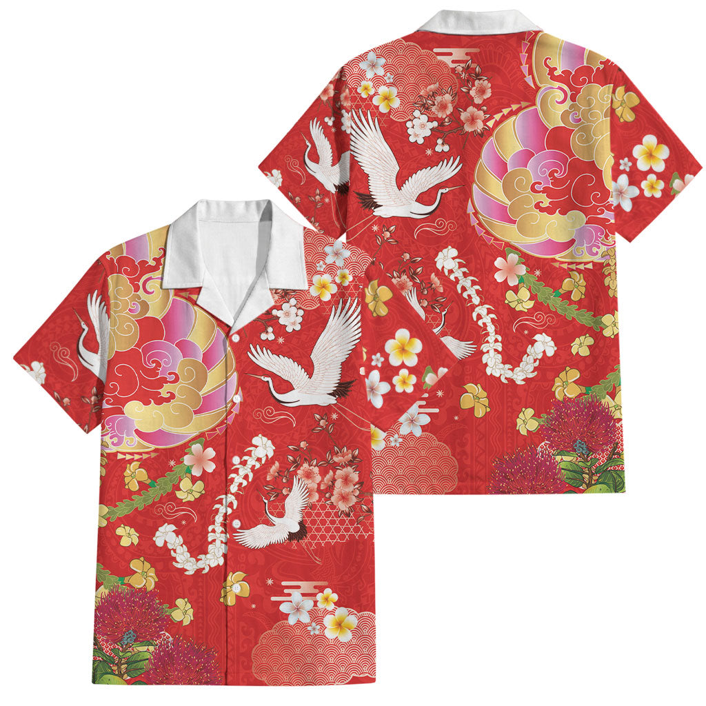 Hawaiian and Japanese Culture Together Family Matching Off Shoulder Maxi Dress and Hawaiian Shirt Kakau Tribal Pattern and Irezumi Art Red Color