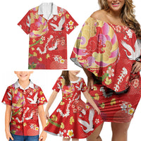 Hawaiian and Japanese Culture Together Family Matching Off Shoulder Short Dress and Hawaiian Shirt Kakau Tribal Pattern and Irezumi Art Red Color