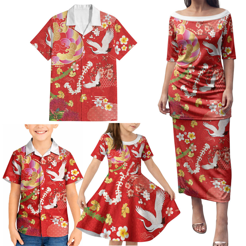 Hawaiian and Japanese Culture Together Family Matching Puletasi and Hawaiian Shirt Kakau Tribal Pattern and Irezumi Art Red Color