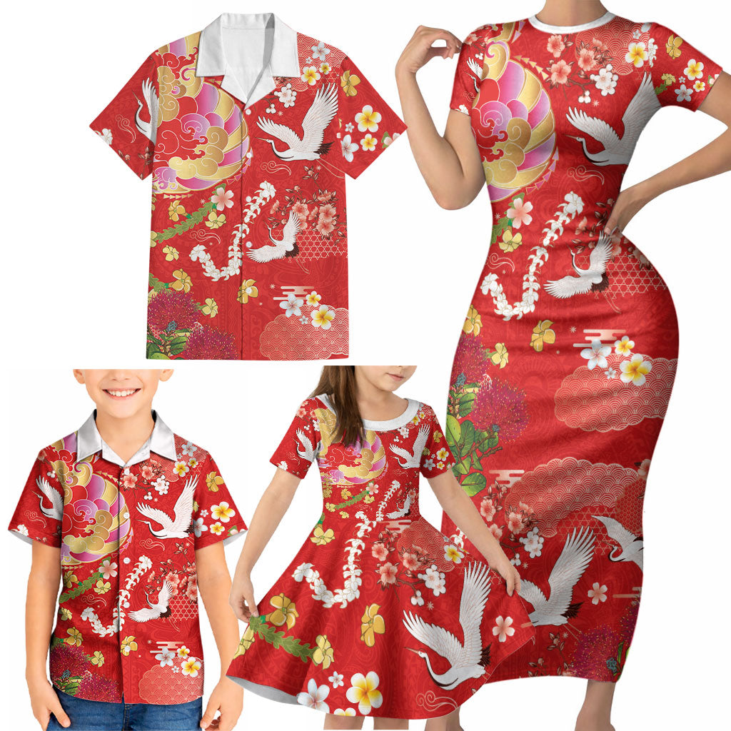 Hawaiian and Japanese Culture Together Family Matching Short Sleeve Bodycon Dress and Hawaiian Shirt Kakau Tribal Pattern and Irezumi Art Red Color LT03 - Polynesian Pride