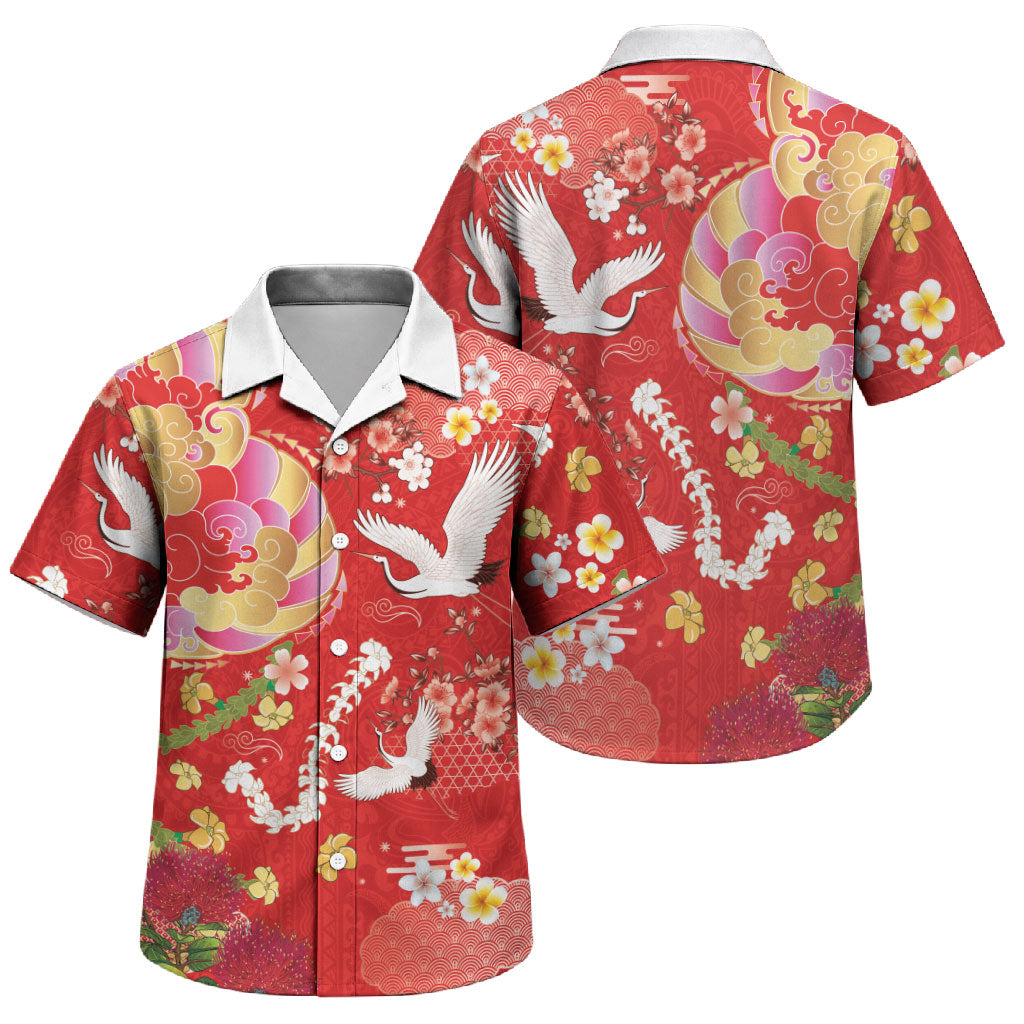 Hawaiian and Japanese Culture Together Family Matching Short Sleeve Bodycon Dress and Hawaiian Shirt Kakau Tribal Pattern and Irezumi Art Red Color